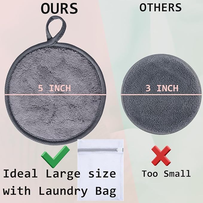 Large Reusable Makeup Remover Pads for Face, Soft Microfiber Makeup Remover Cloths Washable, Premiun 5 INCH Face Cleaning Pad with Laundry Bag, 12 Pack Grey