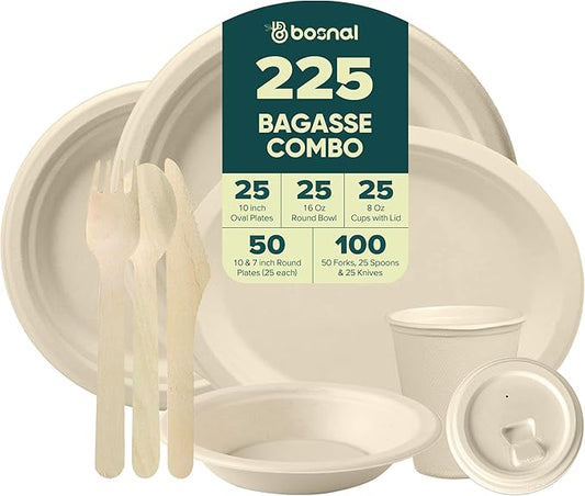 BOSNAL 10 inch & 7 inch Round Plates, 10 inch Oval Plates, 16 oz Bowls & 8 oz Cups with Lids & Cutlery – 100% Plant-Based Bagasse, Eco-Friendly, Compostable, Microwave Safe, Durable Dinnerware Set