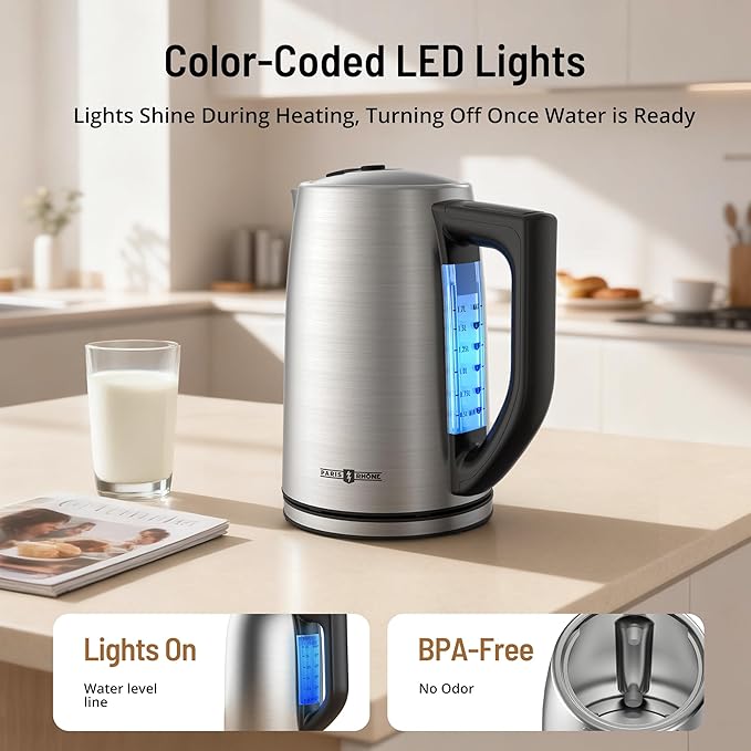 Electric Kettle Temperature Control, 1.7L Stainless Steel Tea Kettle, BPA-Free Hot Water Boiler with LED Light,1500 Watts for Fast Heat Up, Auto Shut-Off, Boil-Dry Protection, Keeping Warm