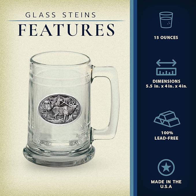 Heritage Pewter Elk Beer Stein Glass | 15 Ounce German-Style Beer Glass | Intricately Crafted Metal Pewter Elk Inlay