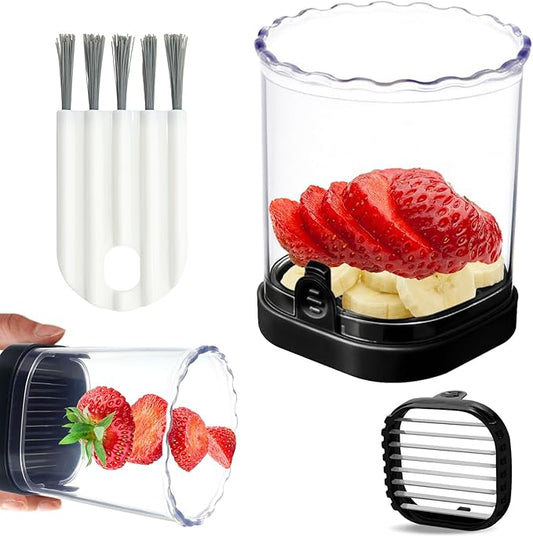 Strawberry Slicer：Fruit Slicer Cup Veggie Salad Speed Cutter for Strawberries Egg Banana Mushroom Cucumber Kiwi the Kitchen Portable Slicing Tool (Black)