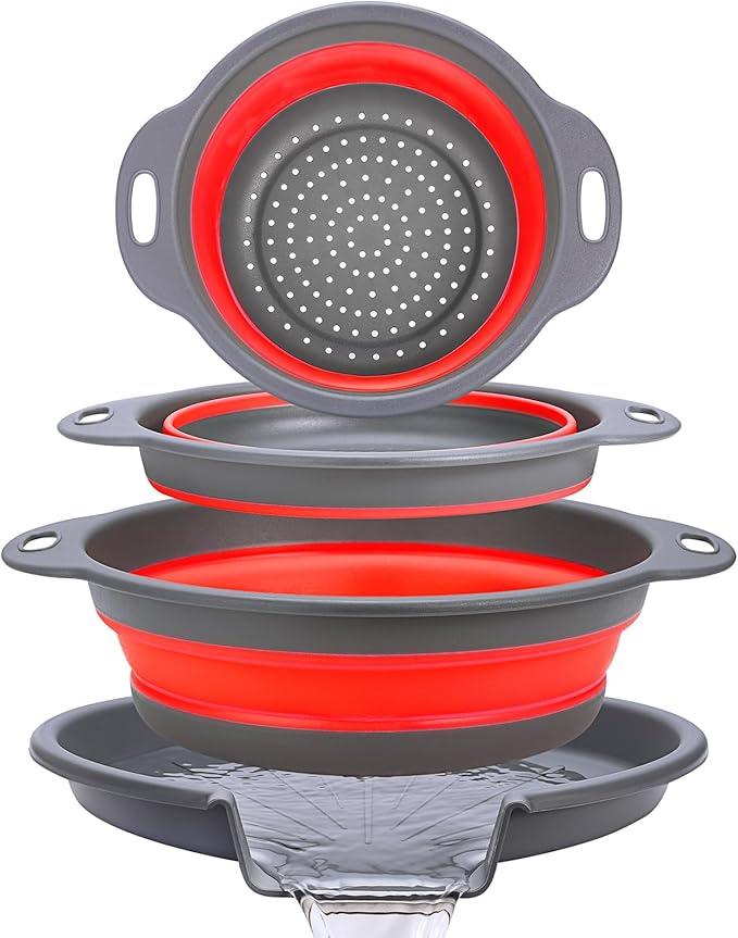 Collapsible Colander Set with Universal Draining Tray | 3-Pack Foldable Kitchen Strainers + Base | Space Saving for Pasta, Veggies, Fruit & Rice | 5 Colors (Gray-Red)