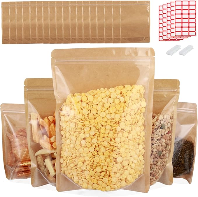 150-pack 7” x 10” Stand Up Kraft Paper Mylar Bags with Clear Window 1 Quart Resealable Foil Pouches for Food Storage Smell Proof Edible Packaging for and Small Business, Bulk
