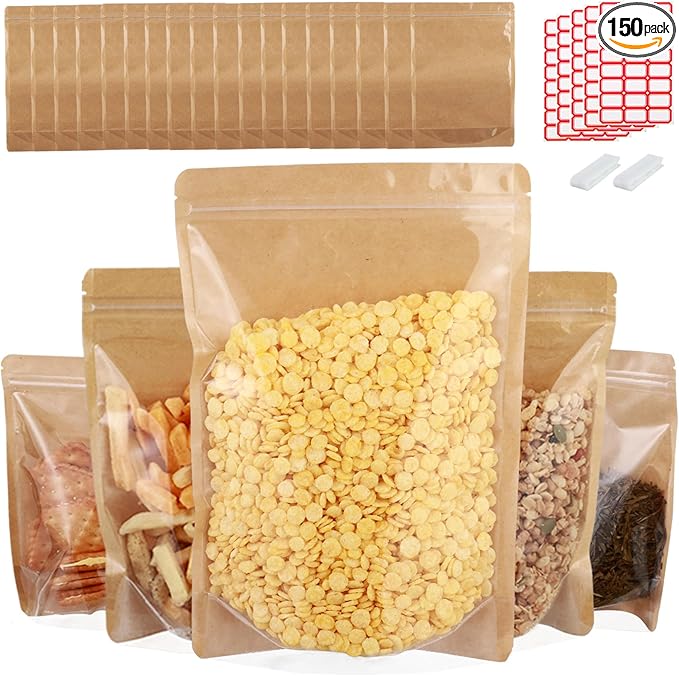 150-pack 5.9” x 8.7” Stand Up Kraft Paper Mylar Bags with Clear Window Resealable Foil Pouches for Food Storage Smell Proof Edible Packaging Bag for Small Business, Bulk