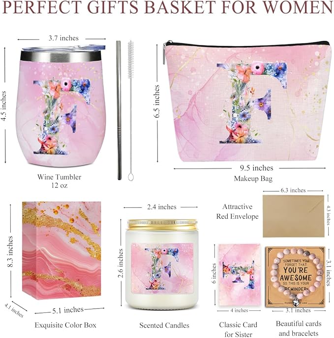 Personalized Gifts Monogrammed Birthday Gifts for Women, Aunt Grandma Retirement Christmas Initial Wine Tumbler Makeup Bag Scented Candle Bracelet Set, (Aesthetic Pink Flower F)