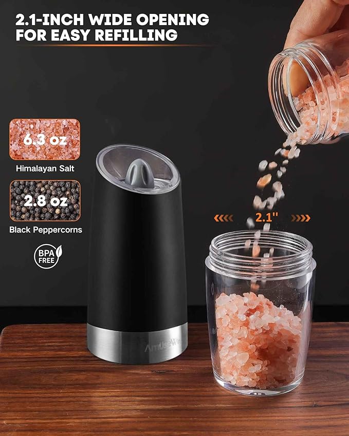 AmuseWit Gravity Electric Salt and Pepper Grinder Set of 2 [White Light] Battery Operated Automatic Pepper and Salt Mills with Light,Adjustable Coarseness,One Handed Operation,Black