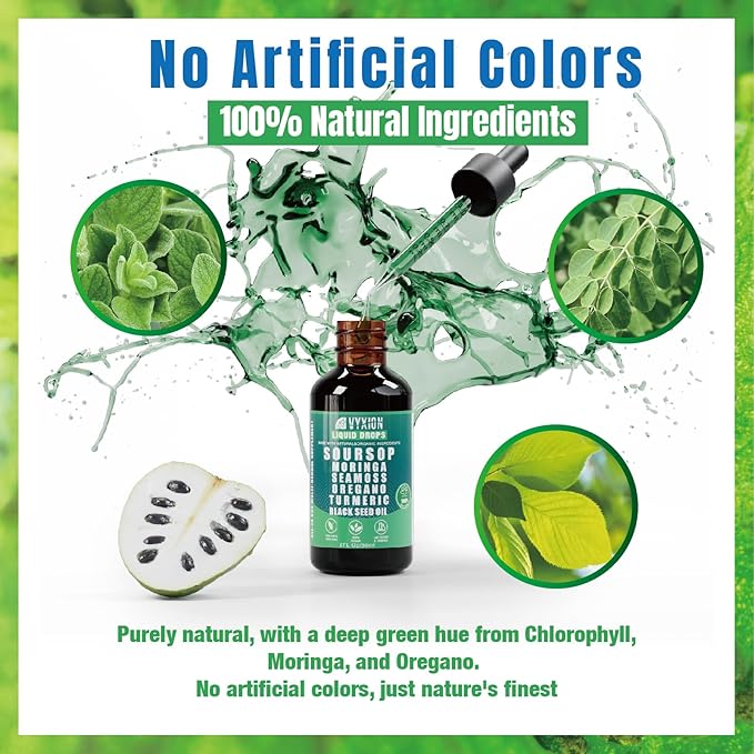 Vyxion Soursop Bitters Liquid Drops 10 in 1 with Sea Moss, Moringa, Turmeric, Black Seed Oil, Oregano, Ashwagandha | Herbal Extracts for Overall Health-Enhancing | Vegan, Non-GMO | 2 Fl Oz