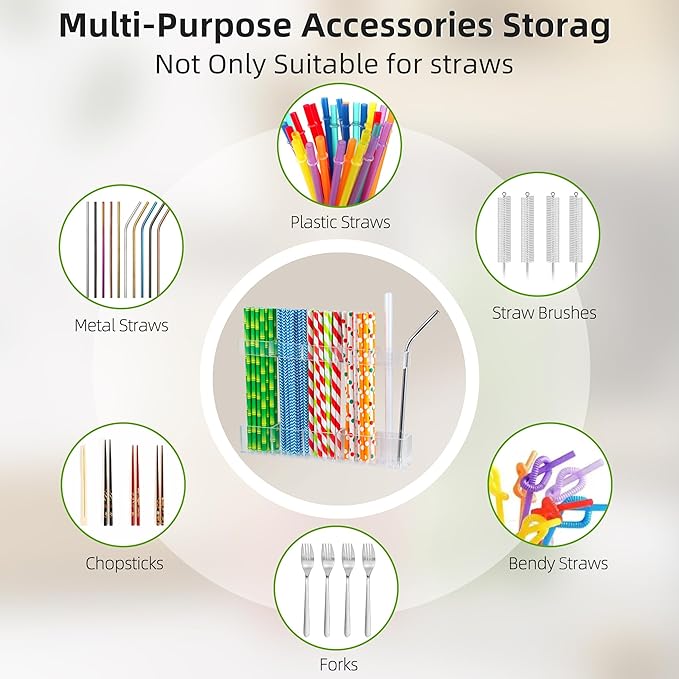 CIEO Straw Organizer for Cabinet Door Storage, 9.5" Large Acrylic Holder for Reusable Tumbler Straws Chopsticks Spoons, Adhesive Under Cabinet Mount Kitchen Container（Black）