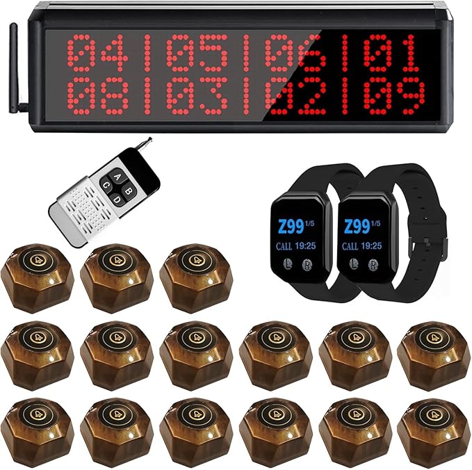 Restaurant Pager System 1600+ Feet Wireless Calling System with 1 Display Screen/1 Remote Control/2 Waterproof Watch Pagers/15 Call Buttons for Restaurant Customer Service (400D+X1-15+200E)