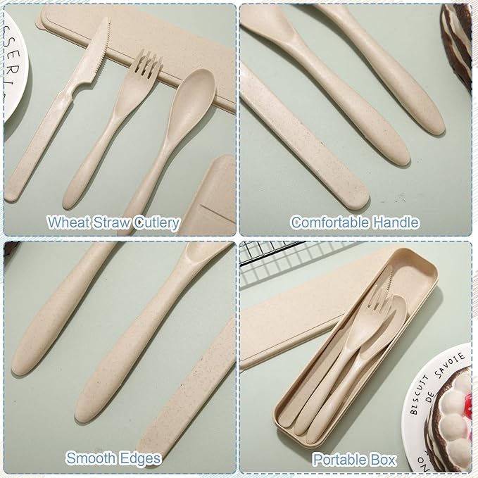 Yahenda 28 Sets Reusable Travel Utensils Set with Case Wheat Straw Cutlery Portable Spoon Knife Fork Tableware Lunch Box Accessories Bulk for Adults Travel Picnic Camping Utensils Gifts(Pastel Color)