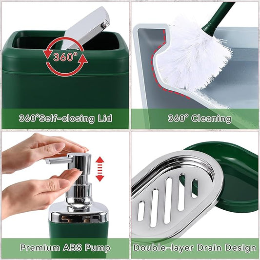 Green Bathroom Accessories, Dark Green Bathroom Set with Shower Curtain, Trash Can, Vanity Tray, Soap Dispenser, Soap Dish, Toothbrush Holder and Cup for Home Decor