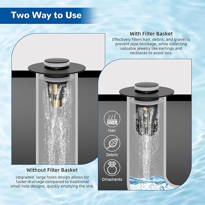 Hibbent Upgraded 3 in 1 Bathroom Sink Drain Strainer, Universal Pop Up Stopper, Removable Stainless Steel Filter Basket Hair Catcher, Sink Plug for 1.1''~2.36'' Basin, Brass Bullet Core, Matte Black