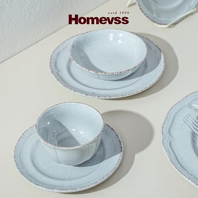56pc Dinnerware Set, Plate and Bowl Set, Stoneware Dishes Set for 8, Microwave and Dishwahser Safe, Scratch Resistant, French Countryside Speckled Antique Grey
