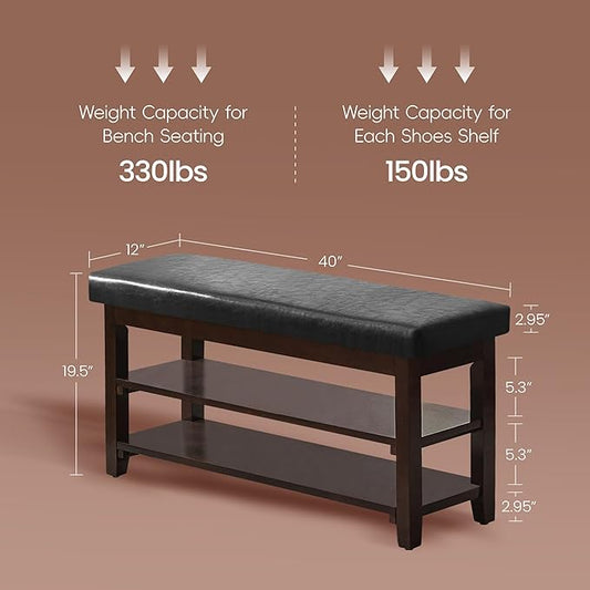 40" Shoe Bench with Leather Cushion, 2-Tier Shoe Rack Entryway Bench, Wood Bench for Front Door Entrance, Mudroom, Hallway, Wooden Shoe Shelves, Shoe Organizer, Shoe Storage, Black
