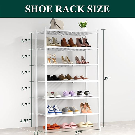 Smiry Shoe Rack, 6 Tier Thick Bamboo Shoe Organizer, Stackable Free Standing Wooden Shoe Storage Shelf for Closet, Entryway, Front Door Entrance, White