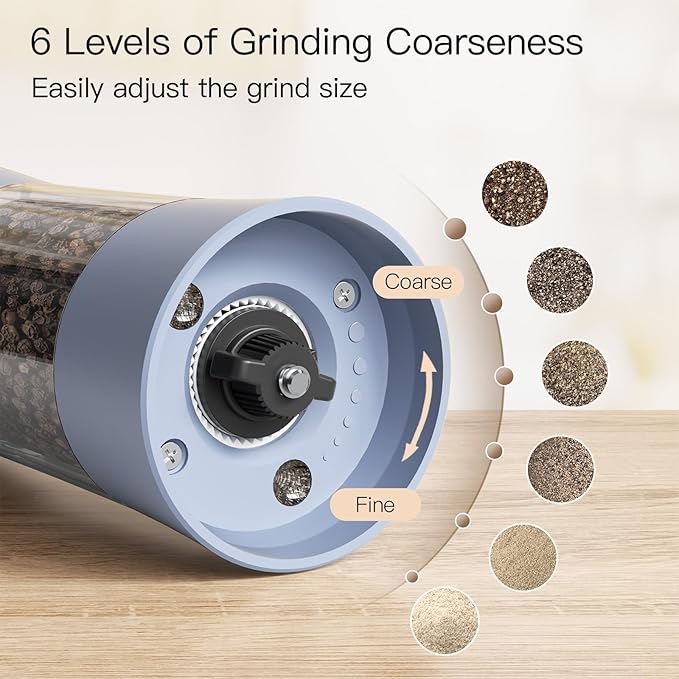 Ultrean Pepper Grinder, Rechargeable Salt and Pepper Shakers, Automatic Grinder for Kitchen,6 Adjustable Coarseness, LED Light, Christmas Gifts, Sky Blue