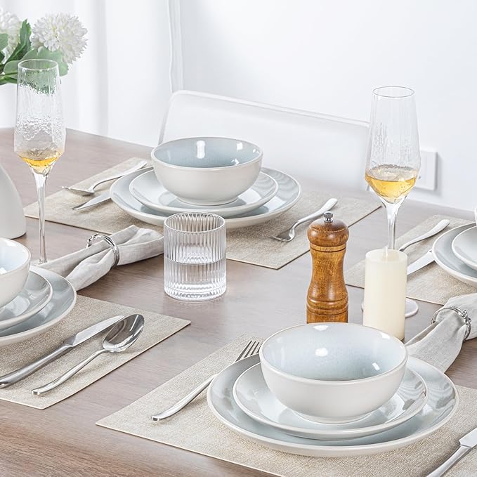 Plates and Bowls Sets for 8 - CJDC-QUELO 32-Piece Stoneware Dinnerware Sets, Ceramic Dishware Set for Kitchen Use and Formal Dining, Chip and Scratch Resistant Microwave Dishwasher Safe, Off White