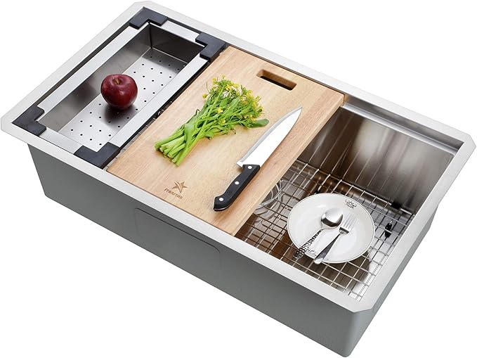 STARSTAR Workstation Ledge Undermount Single Bowl 304 Stainless Steel Kitchen Sink, With Grid, Colander, Cutting Board (30 x 19)