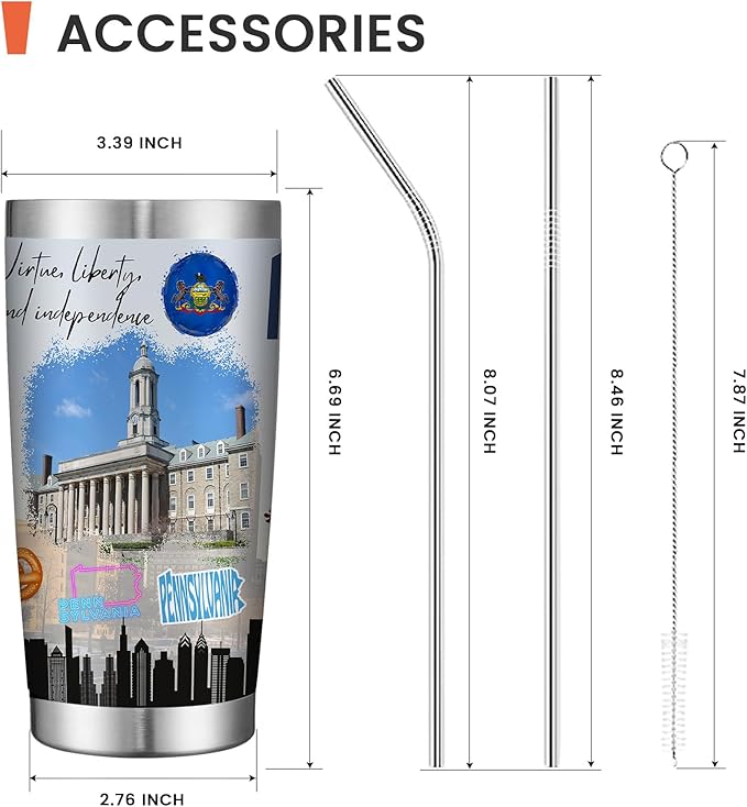 20oz Insulated Tumbler Pennsylvania State Coffee Mug, United States Map Travel Mug Landmark, Birthday Gifts Cute Custom Tumbler Cups with Lid and Straw Gifts for Mom