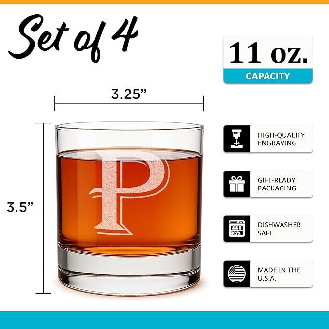 On The Rox Drinks (P-Monogram)- 4 Piece Set of 11 Ounce Engraved Heavy Base Rocks Glasses Elegant Glass-Multi-Purpose Beverage-Rocks Glass- Gift for any Occasion