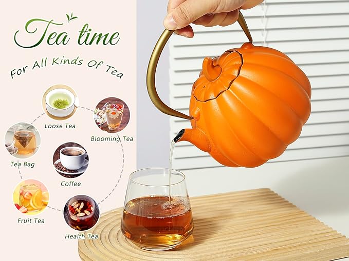 VICSKY Orange Pumpkin Cast Iron Teapot, Natural Pumpkin Color, Japanese Cast Iron Tea Kettle Stovetop Safe with Infuser, Cute Creative Pumpkin Halloween Teapot(40oz/1200ml, Orange)