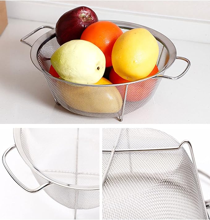Stainless Steel Mesh Colander Strainer Basket, 4 Quart Fine Mesh Net Colander with Heavy Duty Handles & Wide Rim & Resting Feet for Strain, Drain, Rinse, Fry, Steam or Cook Vegetables & Pasta