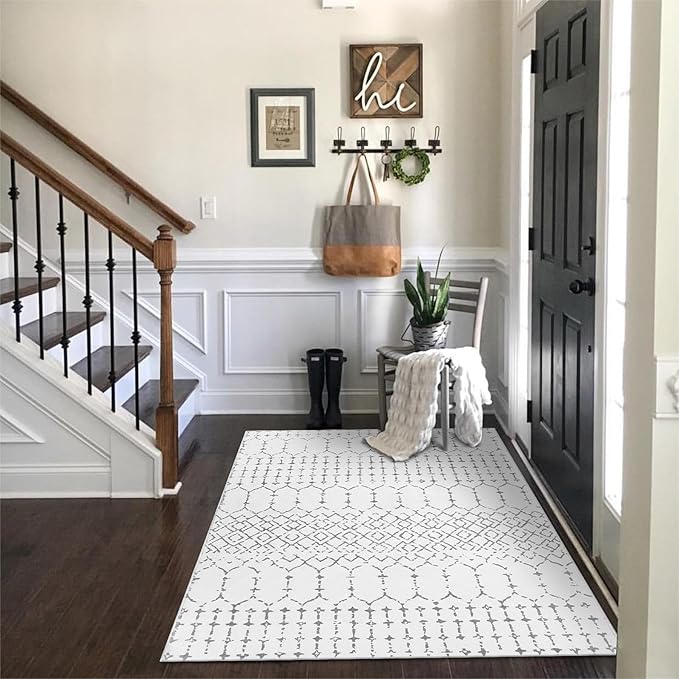 Lahome Moroccan Washable Living Room Rug - 3x5 Area Rugs for Bedroom Throw Non-Slip Low-Pile Entryway Rug Bathroom Rugs Soft White Distressed Indoor Capet for Office Kitchen Laundry Room Dining Room