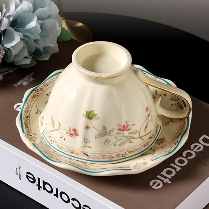 Golden Handle Ceramic Tea Cups and Saucers,Vintage flower Pattern Espresso Coffee Mug Set,Bone China Tea Cups about 8.45 oz/250 ml, Style02