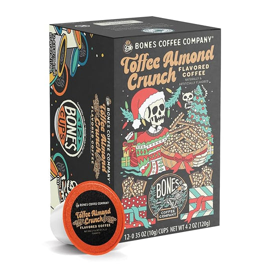 Bones Coffee Company Toffee Almond Crunch, Toffee Almond Flavored Coffee Pods, Low Acid Medium Roast Single-Serve Bones Cups, Compatible with 1.0 & 2.0 K-Cups Brewers Coffee Maker, 12 Count