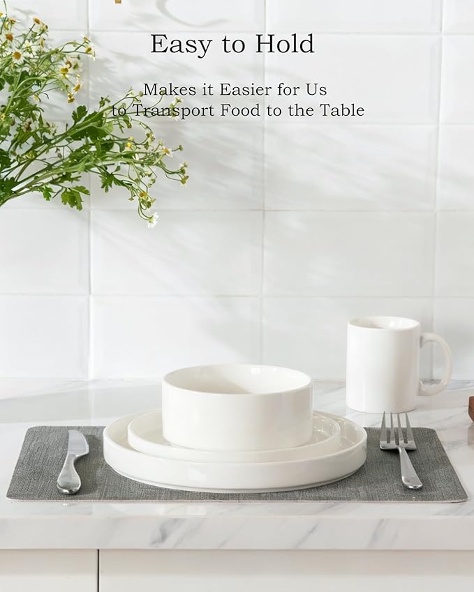 Sweejar Porcelain Dinnerware Sets for 4, 16 Pieces Ceramic Plates and Bowls Set, Classic Modern Simple Kitchen Dinner Dining Ware Set, Dishwasher and Microwave Safe Dishes Sets with Cups(Pure White)
