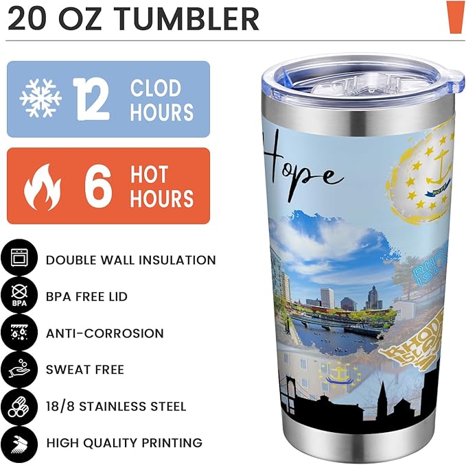 20oz Insulated Tumbler Rhode Island State Coffee Mug, United States Map Travel Mug Landmark, Birthday Gifts Cute Custom Tumbler Cups with Lid and Straw Gifts for Mom