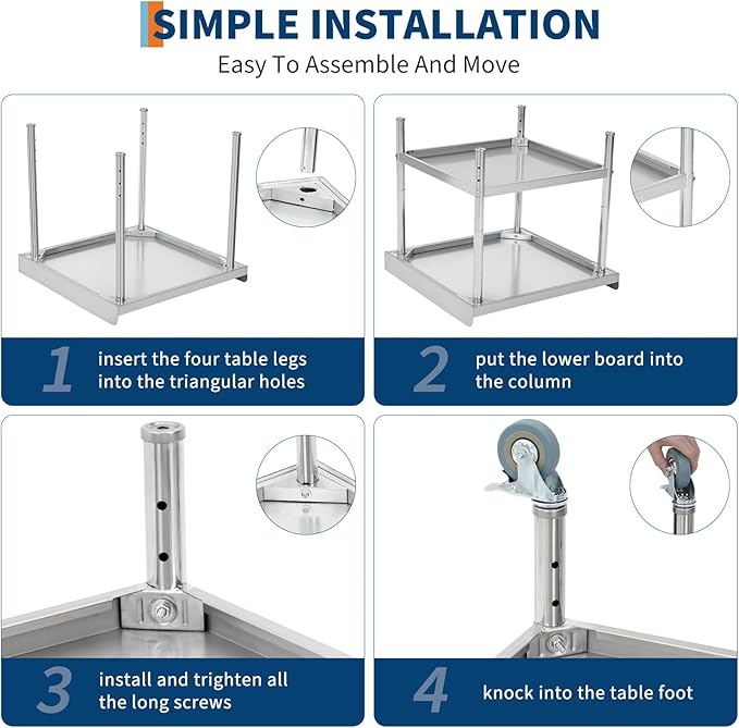 24x24x30 in Stainless Steel Equipment Grill Stand Table NSF Certified with 5 in Wheels, 400 LBS Capacity, 2 in Edge Baffle, for Hotel, Home, Commercial Restaurant Kitchen