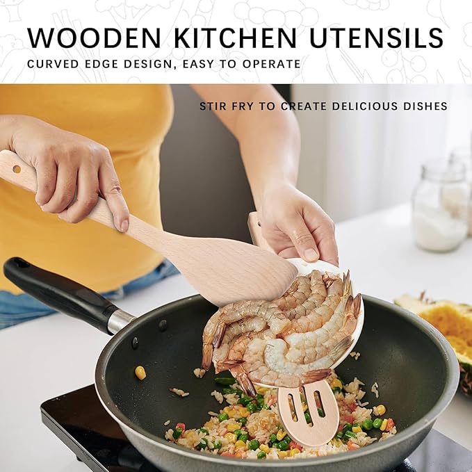 Wooden Spoons for Cooking, 4-Piece Wood Utensil Set Includes Slotted Spoon, Spoon & Wooden Spatula for Cooking – Uncoated Beech Wood Kitchen Utensil Set – 12 Inch Hardwearing Tools