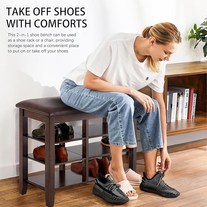 PY HOME & SPORTS Shoe Rack for Entryway 23.6": 3-Tier Shoe Storage Bench, Adjustable/Removable Shelves, Rubberwood Shoe Benches for Hallway, Porch, Bathroom, Brown