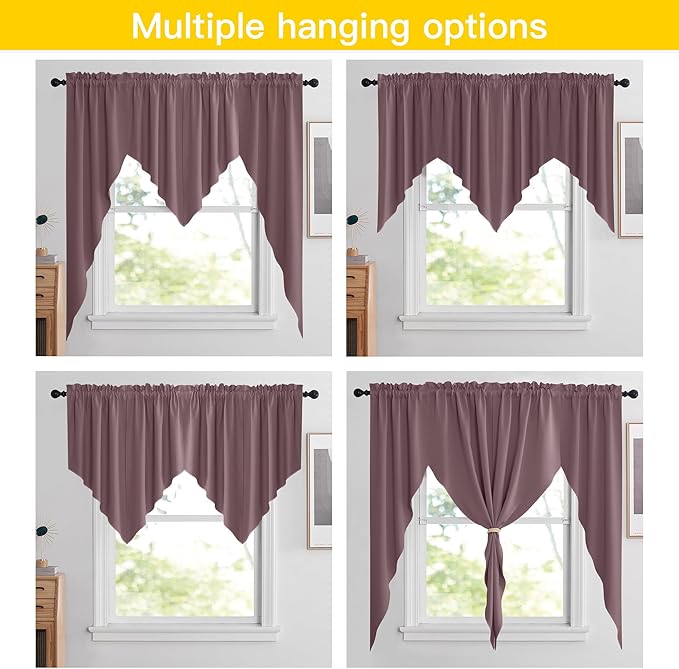 NICETOWN Swag Curtains for Living Room, Room Darkening Short Window Curtains for Kitchen Elegant Waterfall Curtain Shades for Kids Nursery Baby Room, 2 Panels, 36" x 63" x 18" per Panel, Dry Rose