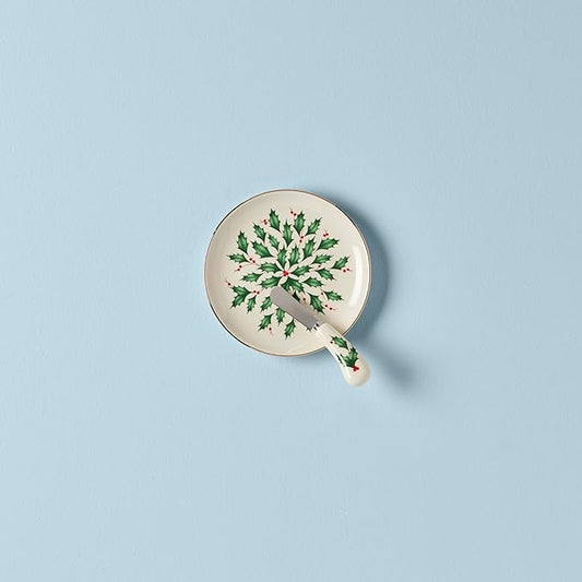 Lenox Serveware, Hosting The Holidays Cheese Plate & Knife Set, Service for 1, Ivory Porcelain, Dishwasher Safe, 6.75 Inch Diameter, Christmas Decorations, Christmas Decor (White/Green/Red, 2 Pieces)