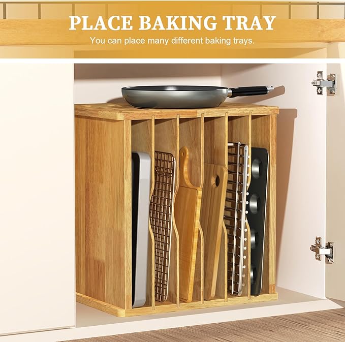 7 Tier Rubber Wood Tray Dividers for Cabinets, Heavy Weight Kitchen Vertical Tray Divider Organizer, Storing pans, Baking trays, Cutting Board(16.7" W x 16.1" H x 12.4" D)