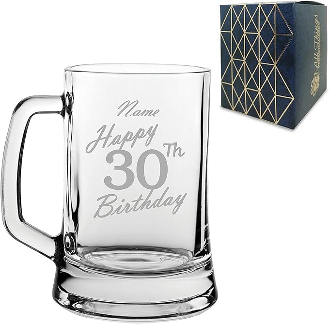 Personalised Engraved Tankard Beer Mug Stein Happy 30th Birthday Handwritten Design Gift Boxed, 16.75oz/495ml Classic Beer Glass, Any Name, Engraved in The UK