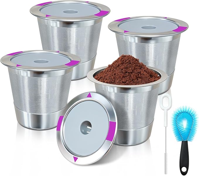 SHOUNAJIA 4 Pack Reusable K Cups Coffee for Keurig, Reusable Coffee Pods for Keurig Machine, 304 Stainless Steel Coffee Filter with Cleaning Brush, BPA-Free