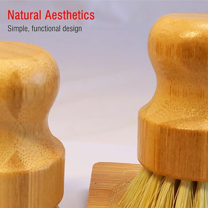 Natural Bristle Dish Brush Set, 1 Wooden Dish Brush and 1 Bamboo Dish Brush with 1 Bamboo Drainer Tray, All Circle Kitchen Scrub Brush for Dishes