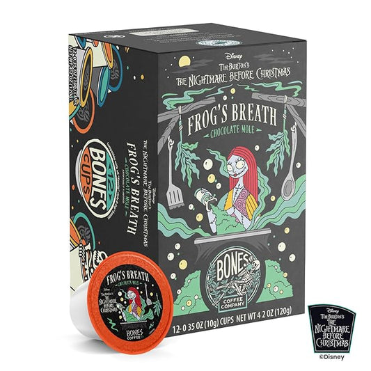 Bones Coffee Company Frog's Breath, Chocolate Mole Flavored Coffee Pods, Low Acid Medium Roast Single-Serve Bones Cups for K-Cups Brewers Coffee Maker from The Nightmare Before Christmas, 12 Count
