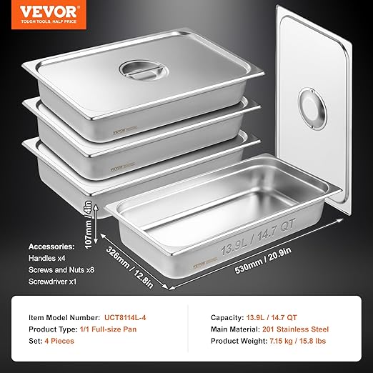 VEVOR 4 Pack Stainless Steel Hotel Pans with lid,Full Size 4 Inch Deep 0.8mm Thick Anti-Jam Commercial Food Pans for Steam Tables, Restaurants, Catering & Industrial Use