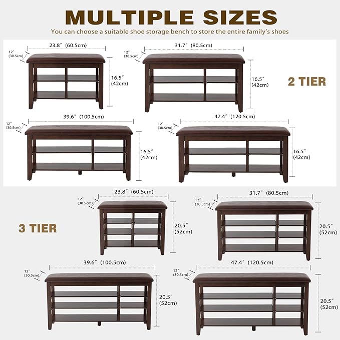 PY HOME & SPORTS Shoe Rack for Entryway 31.5": 2-Tier Shoe Storage Bench, Adjustable/Removable Shelves, Rubberwood Shoe Benches for Hallway, Porch, Bathroom, Brown