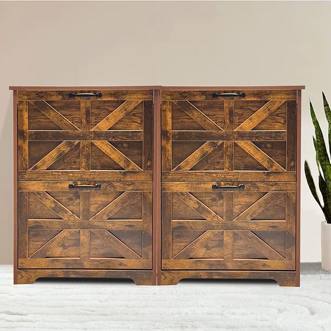 Shoe Storage Cabinet with 2 Flip Drawers, Farmhouse Shoe Organizer with Barn Door Design, Space-Saving Hidden Narrow Shoe Rack Cabinet for Entryway, Hallway & Foyer，Brown