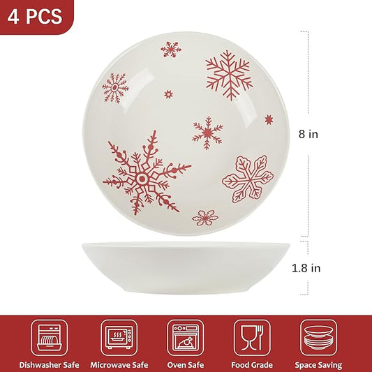 4 Pcs Christmas Pasta Bowls, 26 Oz Ceramic Bowl Set, Wide and Shallow Serving Bowls, White Red Snowflake Xmas Holiday Soup Bowls for Salad, Dessert, Pasta, Ice Cream, Dishwasher and Microwave Safe