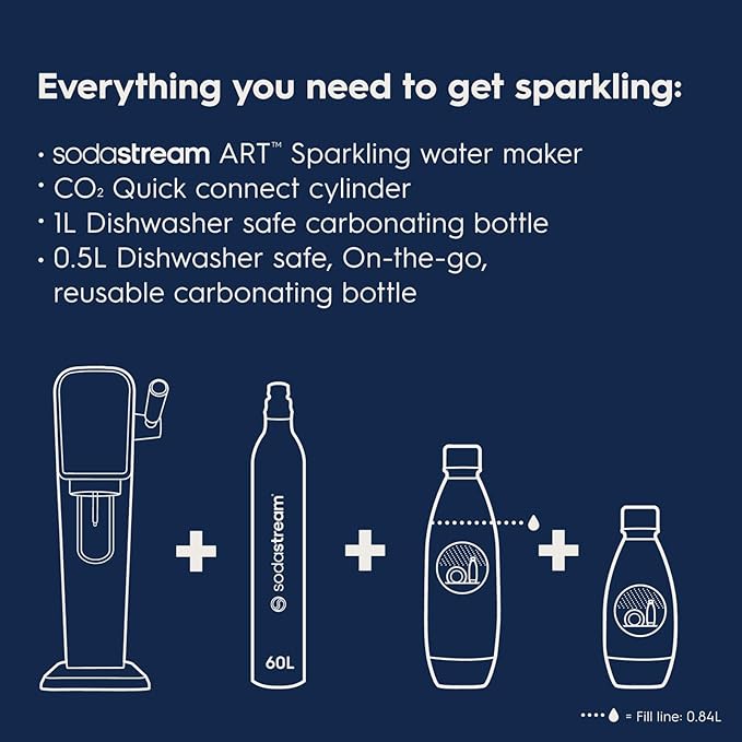 SodaStream - ART Sparkling Water Maker | STARTER KIT | CQC CO2 system | Includes 1x CO2 Cylinder, 1x32 & 1x16 Fl Oz Dishwasher Safe Bottles, 1x Bubly Flavor Drop | Combine with Flavors | Misty Blue