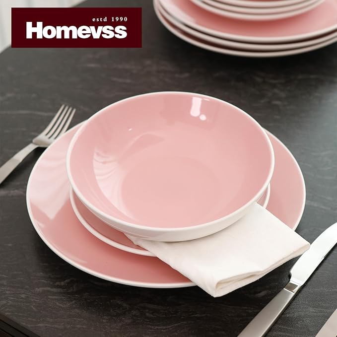 Stoneware Coupe Shape 12pc Dinnerware Set, Outside White + Inside Pink
