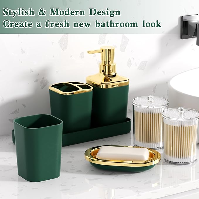 Bathroom Set - Dark Green Bathroom Sets with Shower Curtain and Rugs, 24PCS Shower Curtain Set with Hooks, Soap Dispenser, Soap Dish, Toilet Brush Holder and Trash Can for Housewarming