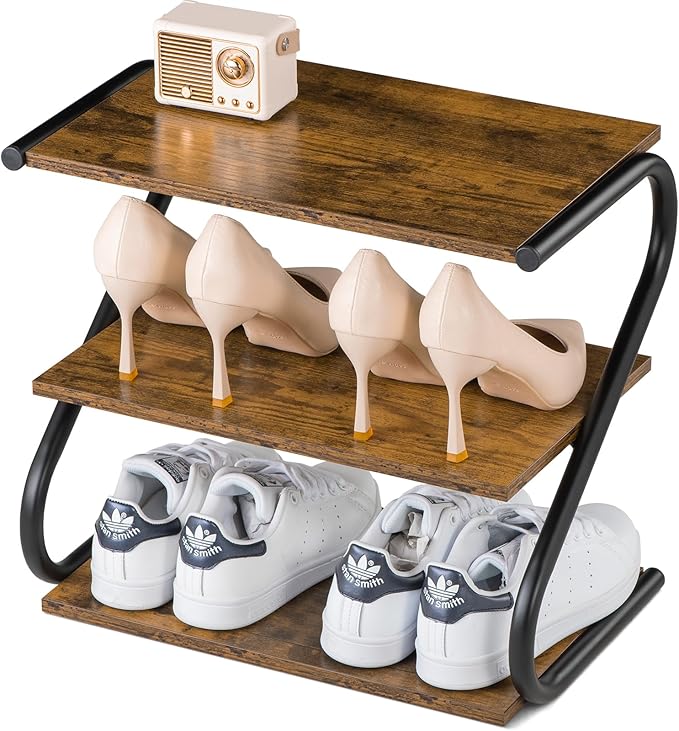 Small 3-Tier Shoe Rack, Z-Frame Wooden Shoe Shelf with Durable Metal Shelves for Hallway, Living Room, Closet, Bedroom (17.2”)