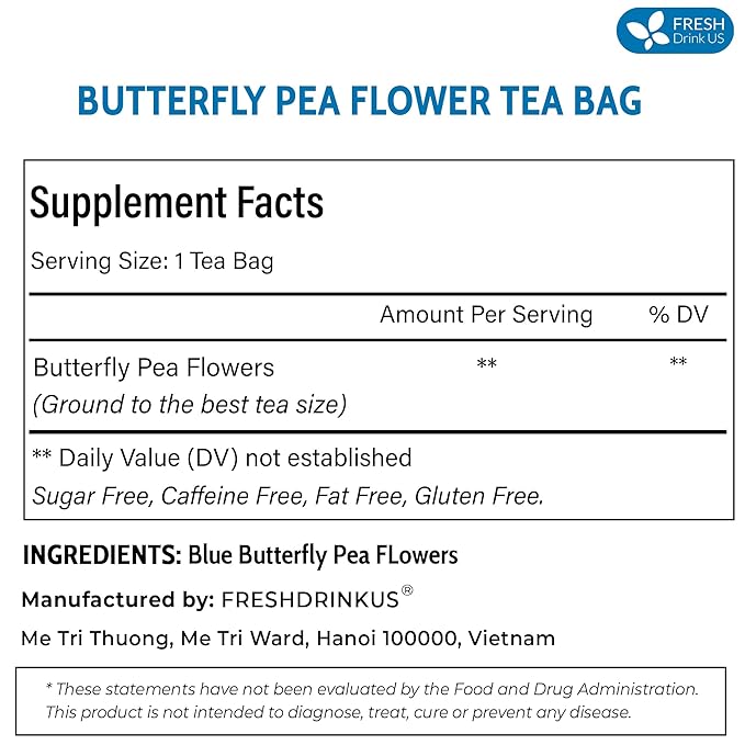 FreshDrinkUS, Premium 35 Butterfly Pea Tea Bags, 100% Natural and Pure from Butterfly Pea Flowers, Hand-made, Made With Natural Materials-Corn Fiber Tea Bag, Sugar/Caffeine/Gluten Free, Vegan